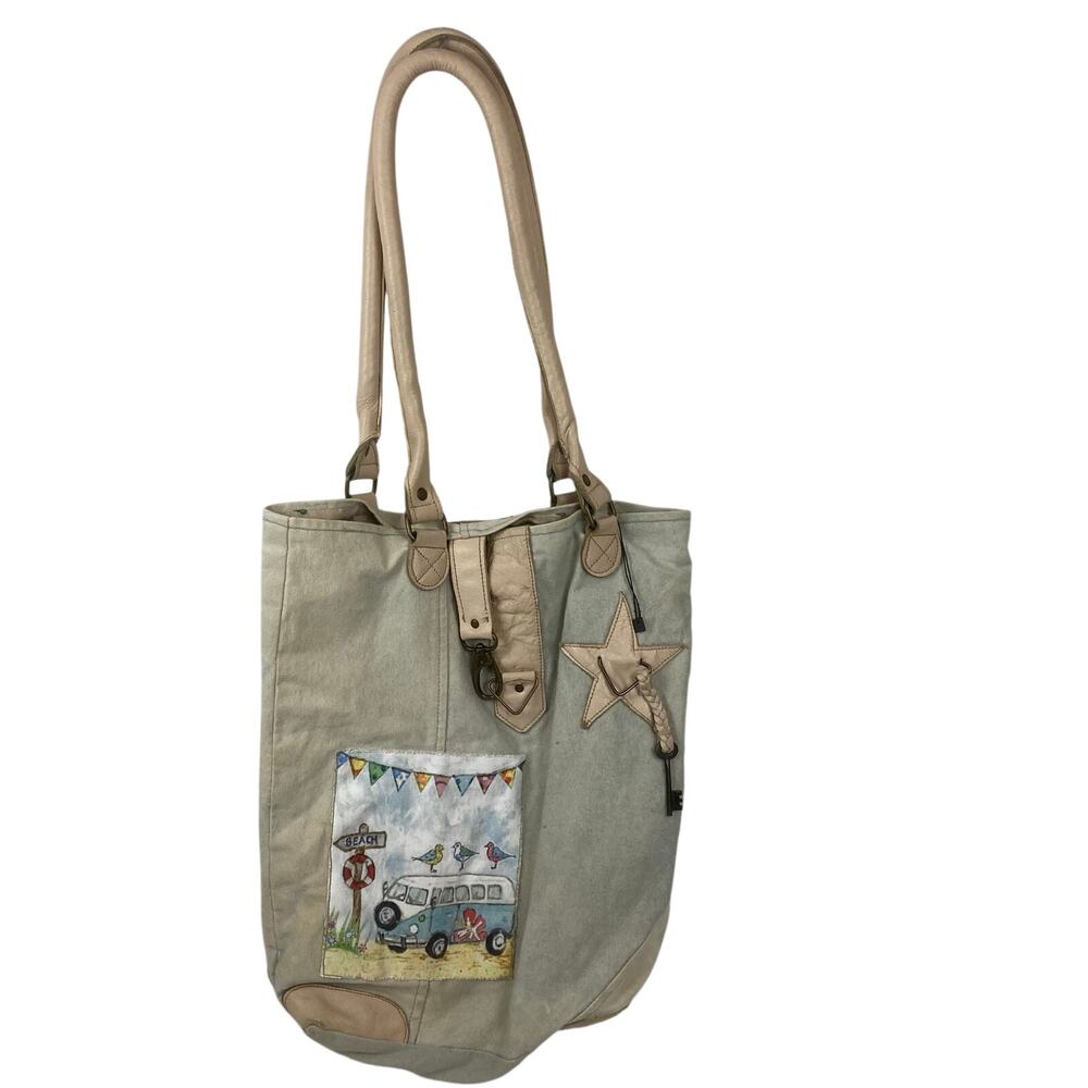 Vintage Addiction Canvas Tote Bag Cream Pink Leather Accent Beach Bus Camper Van